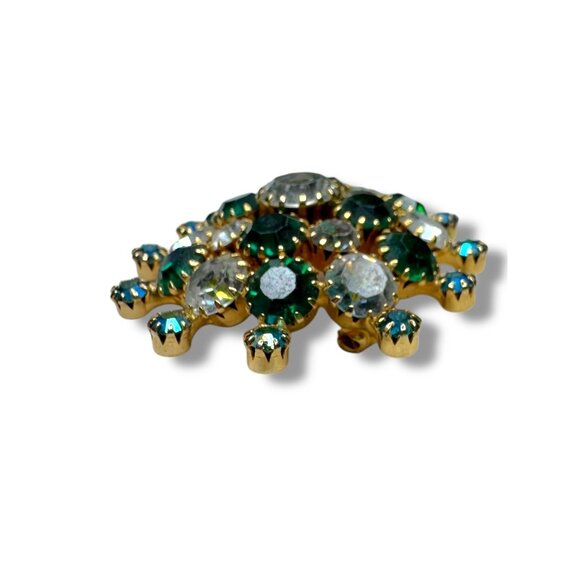 Vintage Gold Tone Brooch Green Clear Aurora Borealis Crystal Stones 2" - Picture 3 of 9